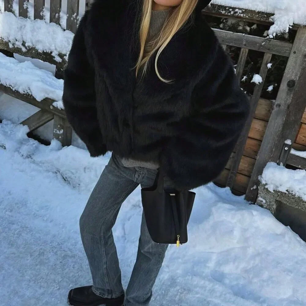 Black Preppy Women's Casual Luxury Faux Fur Coat - Picture 5 of 7